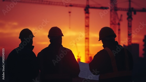 Engineers and foremen in hard hats silhouetted against a sunset sky, reviewing site plans with photo