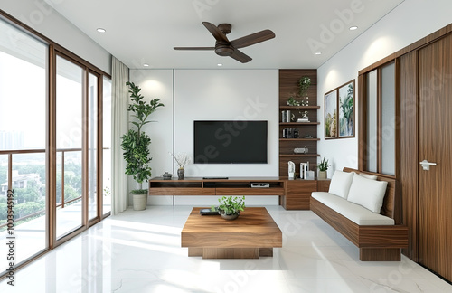 A minimalist living room with white walls, an open balcony door on the left side, and a wooden TV cabinet in front of it. Created with Ai photo