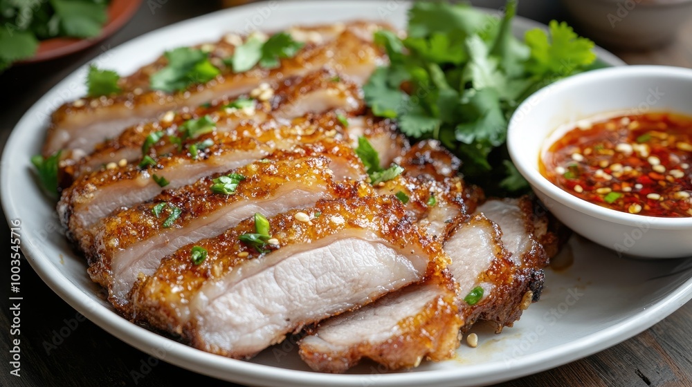 Golden crispy pork slices served with a side of fish sauce and chili, creating a delicious contrast of flavors and textures.