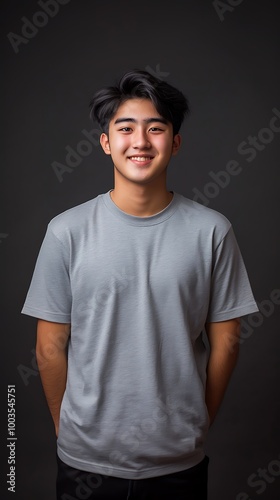 Generative AI Image of Young Man Wear Grey T-Shirt for Mockup with Empty Dark Black Background