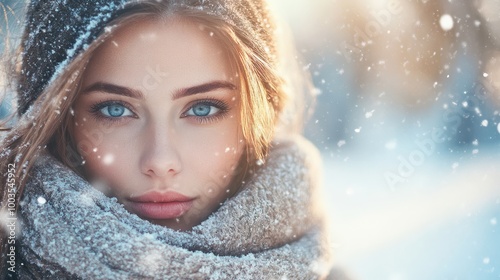 Beautiful woman posing in the snow on a winter day. Copyspace.