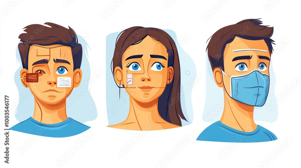 Illustrations of facial expressions and coverings for health awareness. Illustrations of facial expressions and coverings for health awareness.