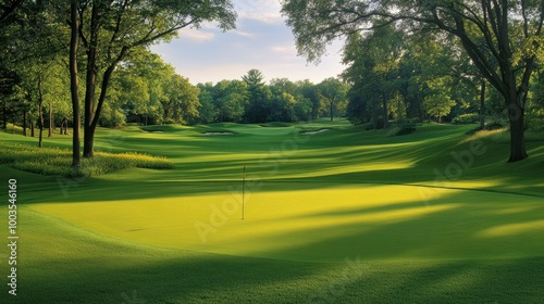 Golf course with wide, green fairways, surrounded by trees and gently rolling hills, creating a tranquil natural landscape.