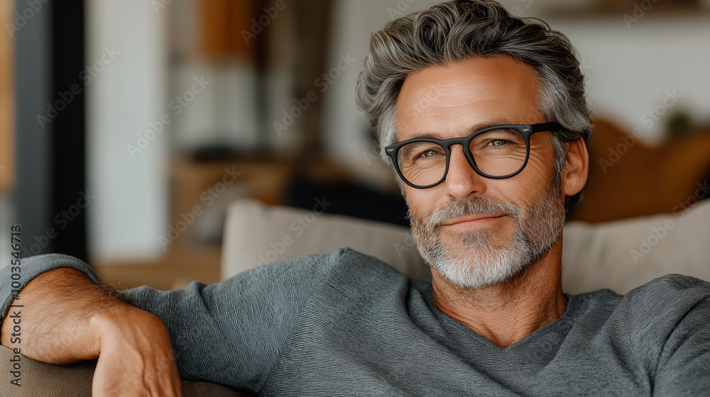 A middle-aged man sitting relaxed in a modern living room, wearing casual clothes. Heâs leaning back on a stylish sofa, surrounded by warm-toned decor and modern artwork on the wal A middle-aged man sitting relaxed in a modern living room, wearing casual clothes. Heâs leaning back on a stylish sofa, surrounded by warm-toned decor and modern artwork on the wal