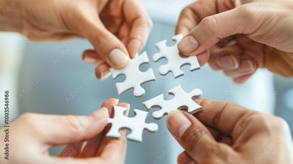 A group of diverse hands holding colorful puzzle pieces that fit together perfectly, symbolizing the idea that each person's unique qualities can contribute to an overall whole or team success A group of diverse hands holding colorful puzzle pieces that fit together perfectly, symbolizing the idea that each person's unique qualities can contribute to an overall whole or team success