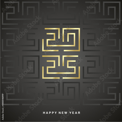 Happy New Year 2025 gold white cyberspace high tech year 2025 typography. Greek mystic maze ornament abstract pattern on black background