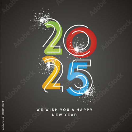 2025 New Year modern white line design neon light over colourful black type typography of year 2025 with sparkle firework sign logo icon on black background