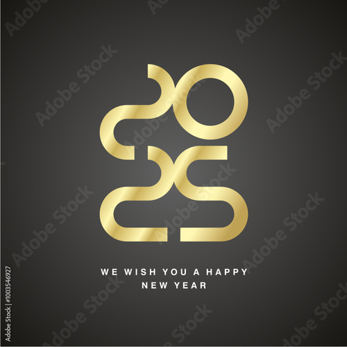 Happy New Year 2025 golden ultra modern design numbers typography white black label icon logo button