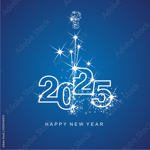Happy New Year 2025 greetings firework white line design numbers white blue color background