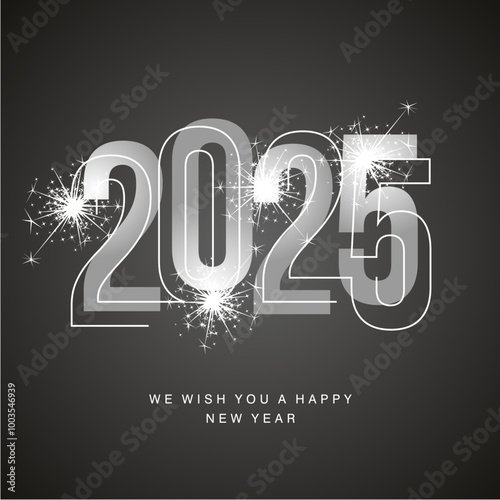 Happy New Year 2025 line and bold silver gray shining typography with sparkle firework on black isolated background icon logo