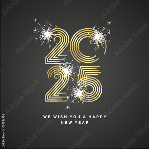 Happy New Year 2025 modern new trendy golden pop line design typography abstract numbers white sparke firework logo icon black background vector