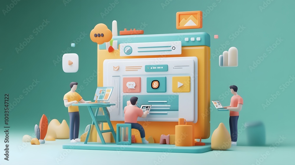 Web UI UX Design Teamwork concept 3D illustration. Team People Building Creating website User interface Front view. Web UI UX Design Teamwork concept 3D illustration. Team People Building Creating website User interface Front view.