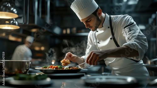 Chef cooks and presents a dish in the kitchen of a luxury restaurant