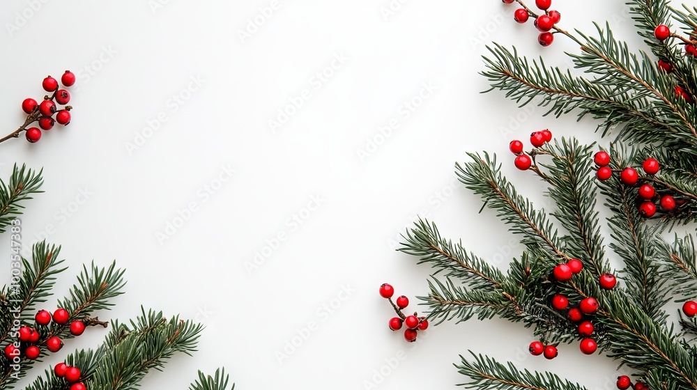 Festive christmas flatlay with spruce branches and red berries on white background, perfect for holiday greetings and seasonal designs