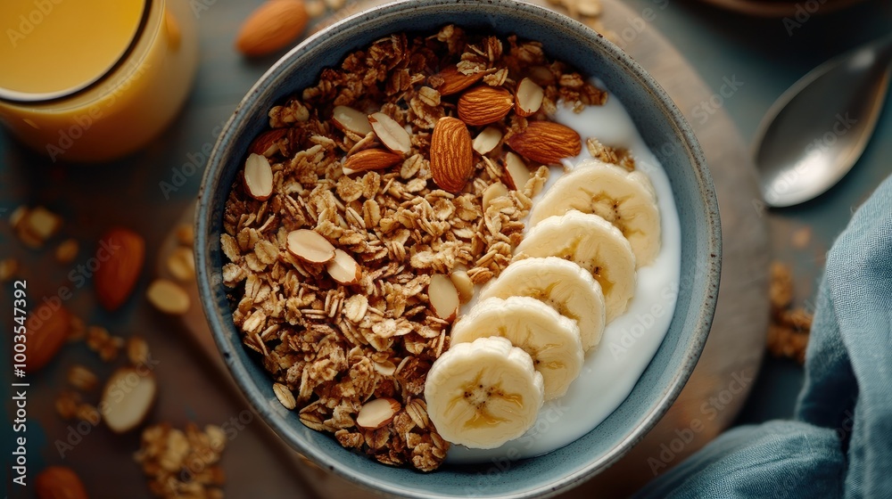 Homemade breakfast spread featuring a bowl of Greek yogurt, banana, granola, almonds, with a glass of milk and fresh orange juice. Homemade breakfast spread featuring a bowl of Greek yogurt, banana, granola, almonds, with a glass of milk and fresh orange juice.