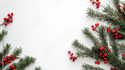 Obraz na płótnie Festive christmas flatlay with spruce branches and red berries on white background, perfect for holiday greetings and seasonal designs w salonie