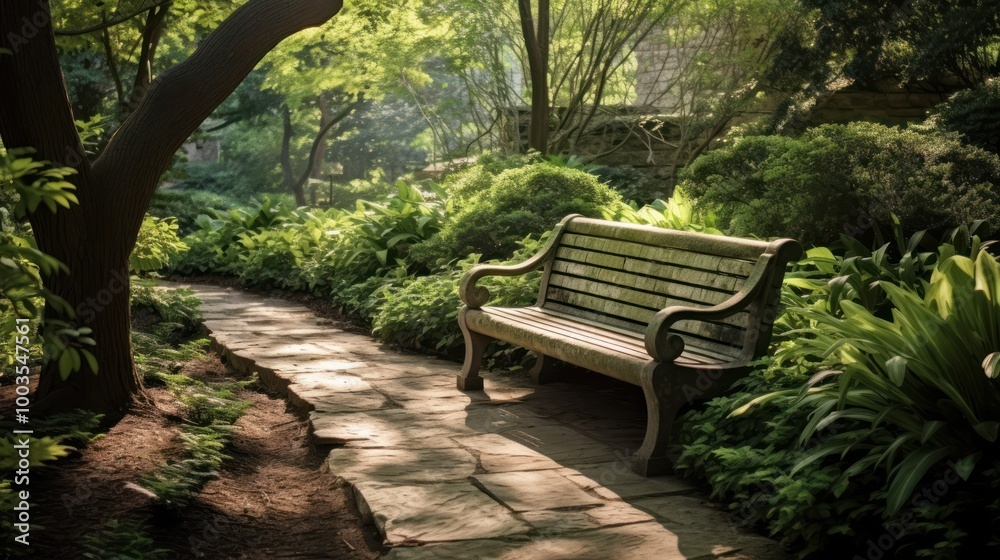 A Wooden Bench in a Sunlit Garden Pathway A Wooden Bench in a Sunlit Garden Pathway