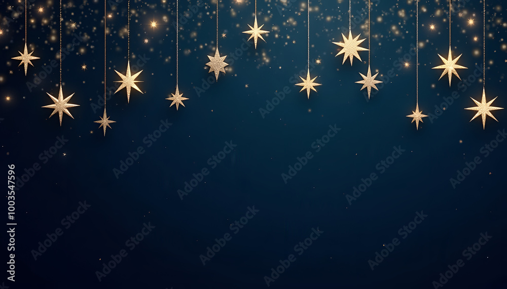 Hanging golden stars on dark blue background with copy space for text Hanging golden stars on dark blue background with copy space for text