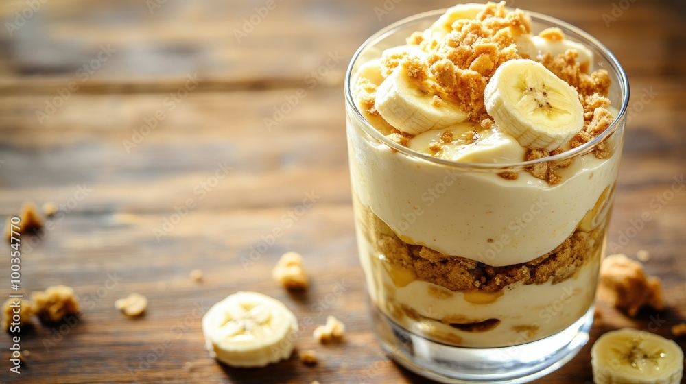 Layered banana pudding parfait in a glass, featuring rich pudding, banana slices, and cookie crumbles, on a wooden tabletop with copy space. Layered banana pudding parfait in a glass, featuring rich pudding, banana slices, and cookie crumbles, on a wooden tabletop with copy space.