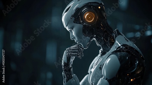 Closeup of a humanoid robot while he is thinking on a dark background with copy space. Artificial intelligence concept. Generative Ai.