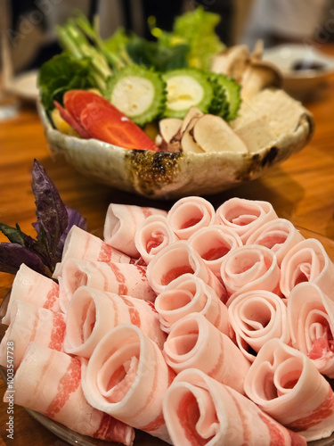 Special Agu pork meat of Okinawa area for shabu shabu traditional Japan dish with a bowl of local on timber table. photo