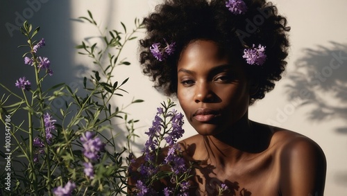 Diptych portrait of woman with short hair and lavender flowers in symmetrical style photo