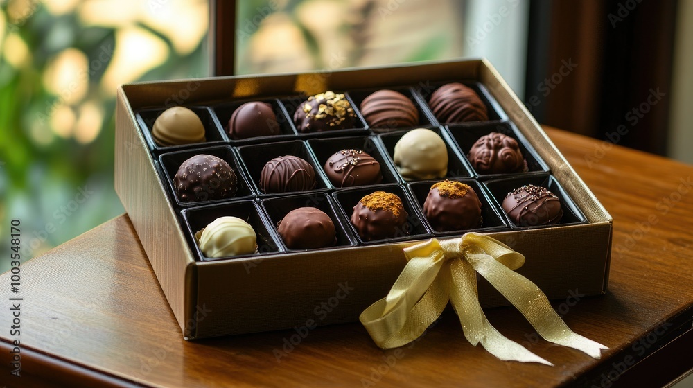 Luxurious gift box filled with assorted truffles and chocolates, placed on a wooden table with a ribbon. Perfect for gifting and special occasions. Luxurious gift box filled with assorted truffles and chocolates, placed on a wooden table with a ribbon. Perfect for gifting and special occasions.