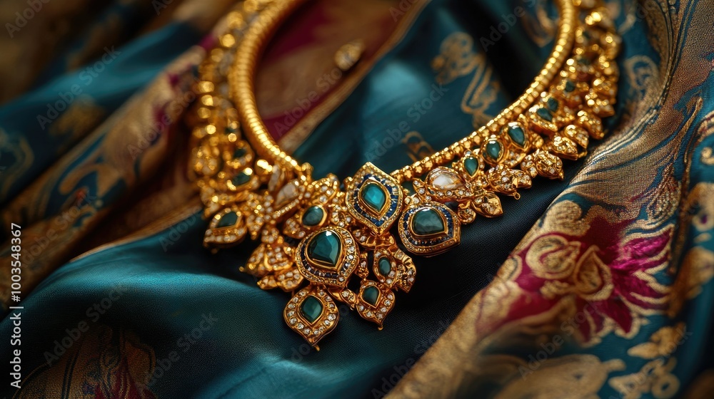Luxurious Indian gold necklace with intricate patterns and gemstone details, beautifully displayed on a royal silk fabric, capturing cultural heritage Luxurious Indian gold necklace with intricate patterns and gemstone details, beautifully displayed on a royal silk fabric, capturing cultural heritage
