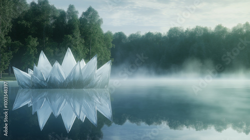 Crystalline Structures Rising from Reflective Lake, generative ai