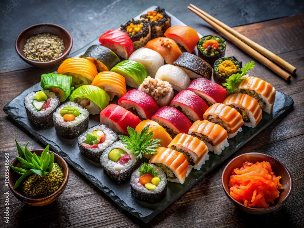 Indulge in a delightful mixed sushi set featuring nigiri, rolls, and sashimi, artfully presented on a traditional black Indulge in a delightful mixed sushi set featuring nigiri, rolls, and sashimi, artfully presented on a traditional black