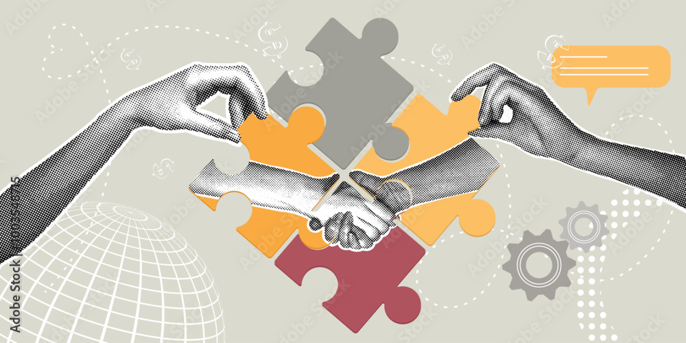 Fashionable halftone collage. Concept of partnership, sponsorship,agreement, contract conclusion. Illustration for web banner, social media banner, business presentation, marketing material. 