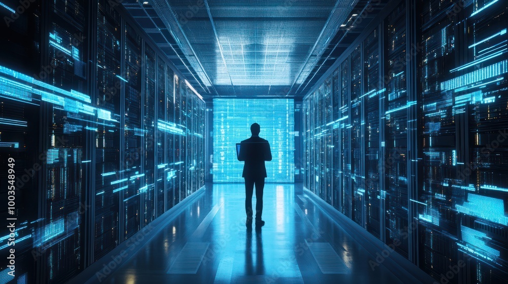 Cutting-edge Vision: Tech Guru in Futuristic Data Center Utilizing Laptop Amidst Warehouse, Streamlined Digitalization with Server-Based Information. SAAS, Cloud Computing, Web Service Empowered. Cutting-edge Vision: Tech Guru in Futuristic Data Center Utilizing Laptop Amidst Warehouse, Streamlined Digitalization with Server-Based Information. SAAS, Cloud Computing, Web Service Empowered.