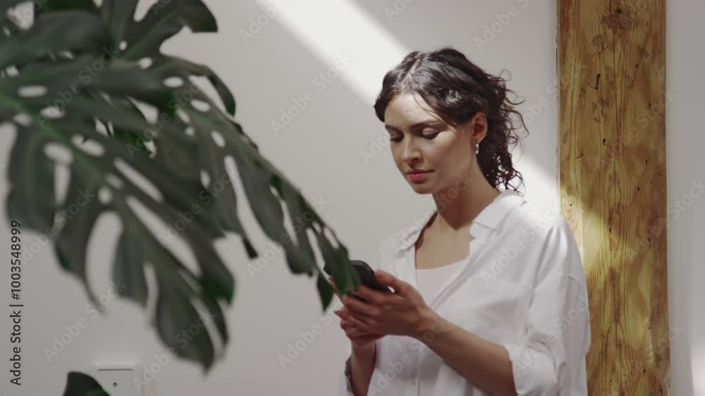 Medium portrait of young Caucasian woman standing against wall in modern office scrolling news feed on smartphone then looking at camera Medium portrait of young Caucasian woman standing against wall in modern office scrolling news feed on smartphone then looking at camera