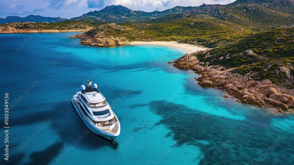 Fototapeta premium Luxurious yacht anchored in a private cove along SardiniaAEs rugged coastline, surrounded by turquoise waters and green hills