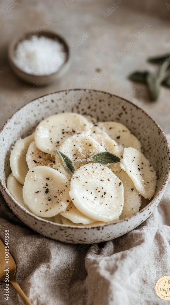 A bowl filled with sliced bananas and sage A bowl filled with sliced bananas and sage