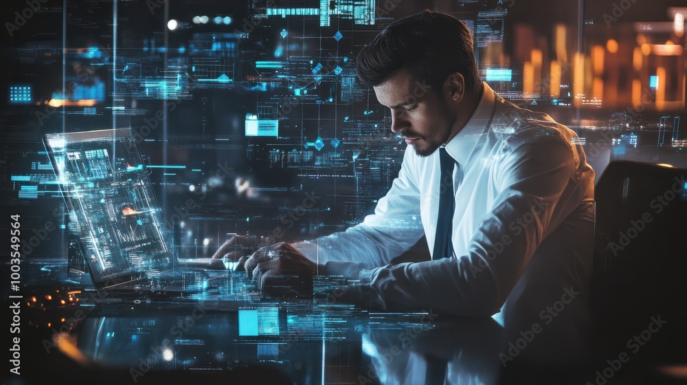 Fototapeta premium Digital Workspace Concept: A businessman working on a digital system, representing technology, data, and online business management