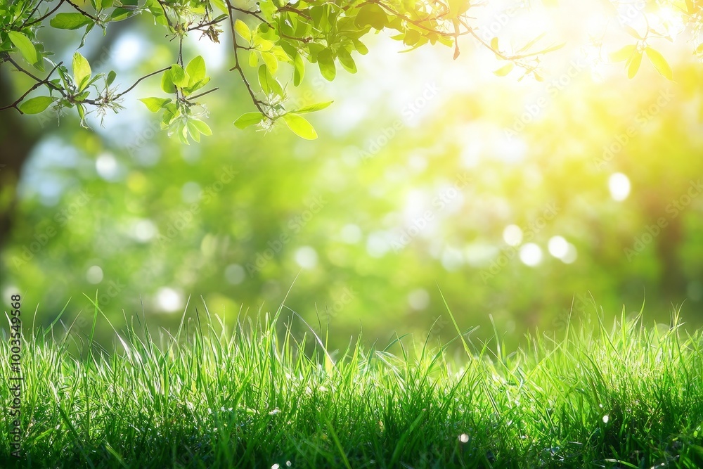 Close-up of fresh green grass with blurred green background and bright sun shining through the leaves of a tree overhead. Close-up of fresh green grass with blurred green background and bright sun shining through the leaves of a tree overhead.