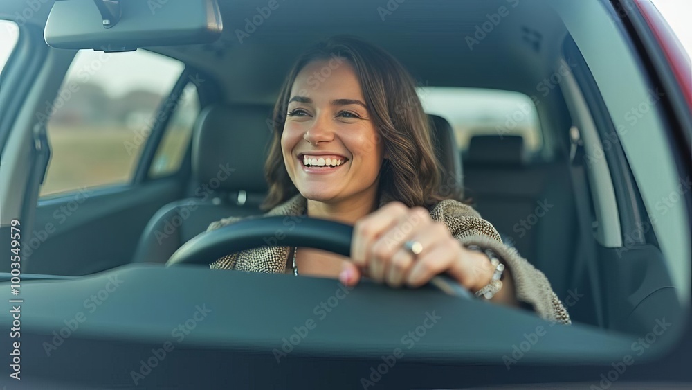 Woman Driving Car with Joyful Expression: Female Motorist Enjoying Road Trip in Automobile with Sunny Outdoor Scenery Woman Driving Car with Joyful Expression: Female Motorist Enjoying Road Trip in Automobile with Sunny Outdoor Scenery