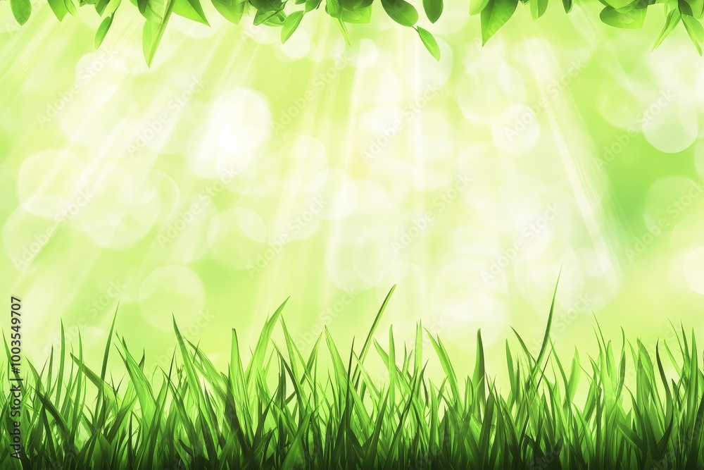 Lush green grass blades against a bright, bokeh background with sunbeams shining through leaves above.