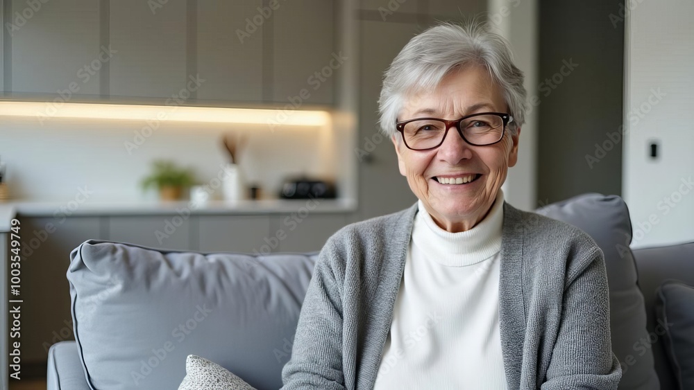 Senior Woman Relaxing at Home: Cheerful Elderly Lady Enjoying Comfortable Retirement in Modern Living Space with Natural Light Senior Woman Relaxing at Home: Cheerful Elderly Lady Enjoying Comfortable Retirement in Modern Living Space with Natural Light