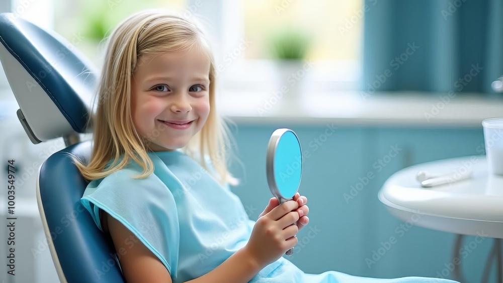 Child at Dentist Appointment: Smiling Young Girl Holding Mirror in Modern Dental Office, Pediatric Oral Health Checkup Child at Dentist Appointment: Smiling Young Girl Holding Mirror in Modern Dental Office, Pediatric Oral Health Checkup
