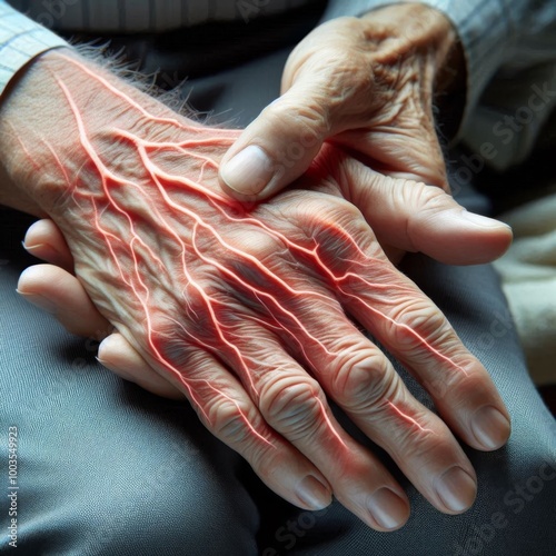 Elderly patient’s hand displaying symptoms of peripheral neuropathy pain and weakness photo