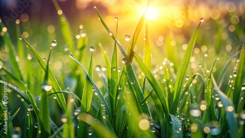 Lush green grass blades shimmer with dew drops in the gentle morning sunlight, creating a picturesque and serene