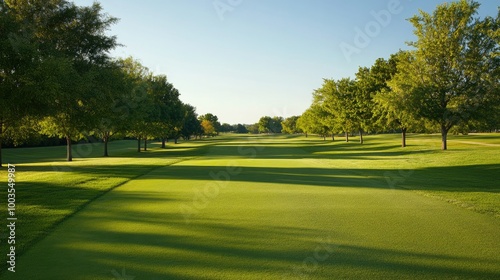 Peaceful golf course fairway, with vibrant grass and a tree-lined path leading into the horizon, framed by a cloudless sky.