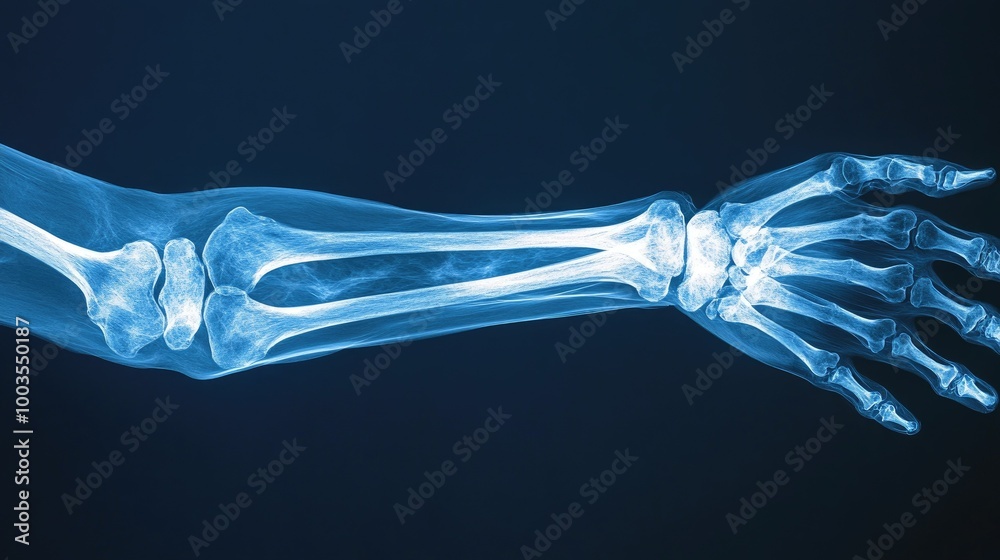 Radiant X-ray image of a human arm, showcasing bone details in high resolution, used for advanced medical diagnostic studies. Radiant X-ray image of a human arm, showcasing bone details in high resolution, used for advanced medical diagnostic studies.