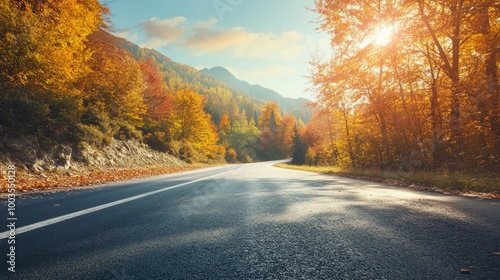 Amazing view with colorful autumn forest with asphalt mountain road. Beautiful landscape with empty road, trees and sunlight in in autumn. Travel background. Nature 