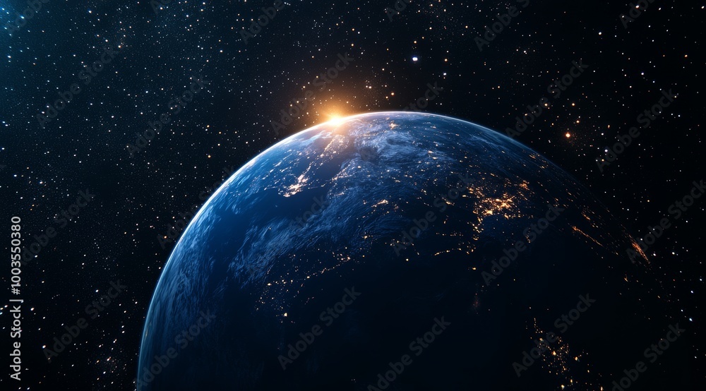 Obraz premium A beautiful view of Earth from space, with city lights and stars in the dark sky.