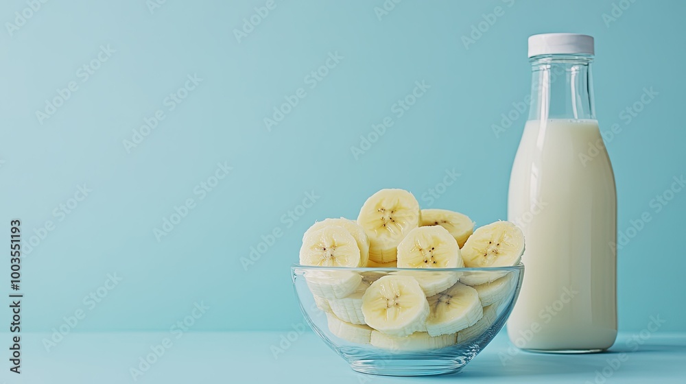 Sliced bananas in a glass bowl, with a bottle of milk beside them, creating a clean and healthy snack scene with copy space. Sliced bananas in a glass bowl, with a bottle of milk beside them, creating a clean and healthy snack scene with copy space.
