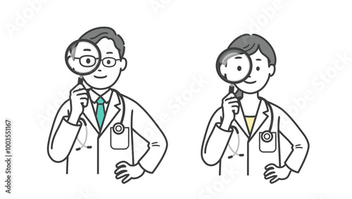 虫眼鏡を持つ医師男女の上半身イラスト
