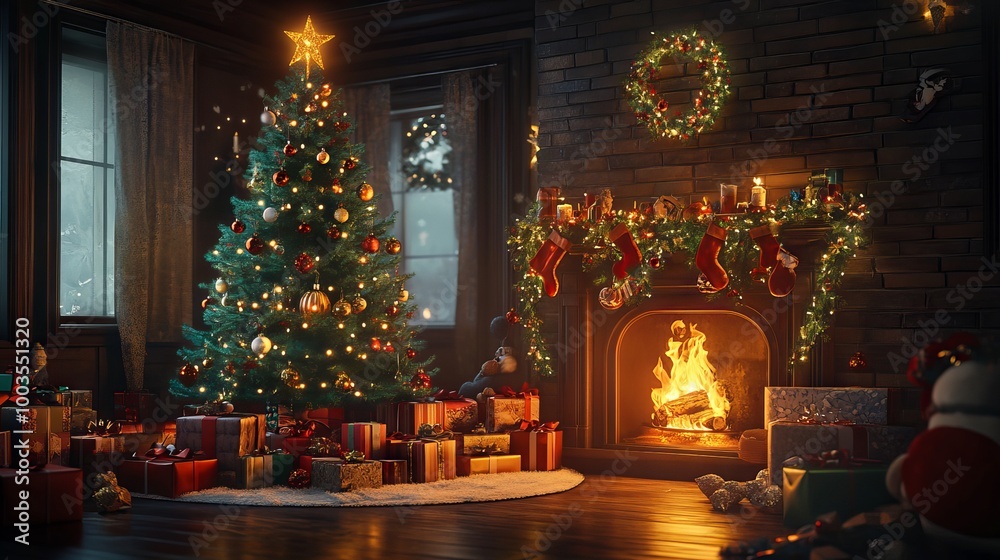 Cozy interior christmas scene with a glowing christmas tree, warm fireplace, and wrapped gifts in a dimly lit room Cozy interior christmas scene with a glowing christmas tree, warm fireplace, and wrapped gifts in a dimly lit room